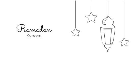 One continuous line drawing of Ramadan kareem. Islamic decoration with lanter and star in simple linear style. Arabic religious holiday celebration. Editable stroke. Doodle vector illustration