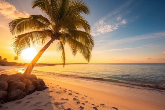 Sunset on a beach, Tropical island Generative AI
