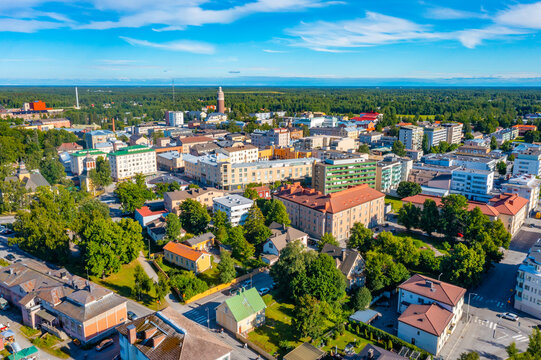 Panorama view of colorful timber houses in Neristan district of Finnish town Jakobstad
