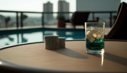 Whiskey glass with poker chips on the table with swimming pool and blurred city in the background. Generative AI