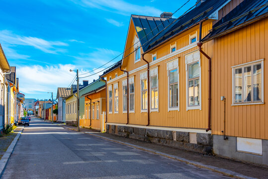 Colorful timber houses in Neristan district of Finnish town Jakobstad