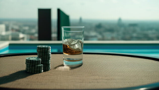 Whiskey glass with poker chips on the table with swimming pool and blurred city in the background. Generative AI