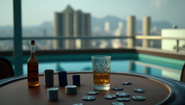 Whiskey glass with poker chips on the table with swimming pool and blurred city in the background. Generative AI