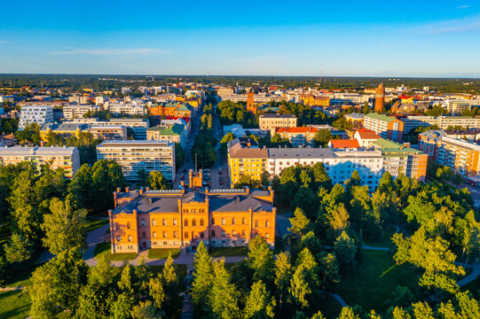 Sunset panorama view of center of Finnish town Vaasa