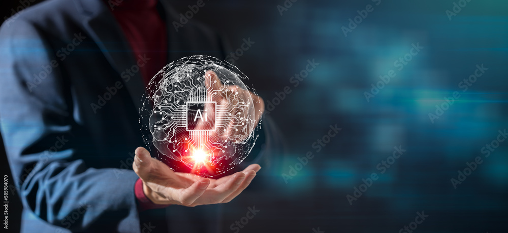 Poster ai technology in everyday life.technology and people concept man use ai to help work, ai learning an