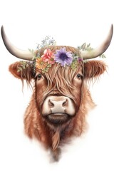 Watercolor Scottish highland cow with flowers Generative AI