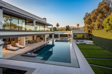 Villa in Beverly Hills, California. Holiday Rentals Los Angeles, luxyry villa with swimming pool in Beverly Hills. Modern apartment buildings, Facade exterior design. Ai generative illustration.