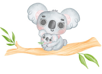 Cute Fuzzy-Eared Koala mother and baby on a tree branch Happy mother day watercolour whimsical Illustration