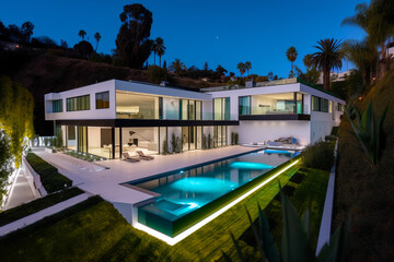 Fototapeta premium Villa in Beverly Hills, California. Holiday Rentals Los Angeles, luxyry villa with swimming pool in Beverly Hills. Modern apartment buildings, Facade exterior design. Ai generative illustration.