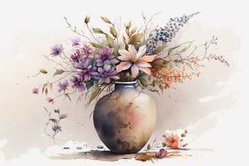Watercolor composition with flower in antique vase Generative AI