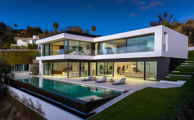 Fototapeta premium Villa in Beverly Hills, California. Holiday Rentals Los Angeles, luxyry villa with swimming pool in Beverly Hills. Modern apartment buildings, Facade exterior design. Ai generative illustration.
