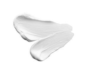 Sample of facial cream isolated on white, top view