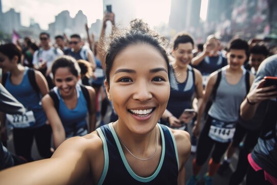 female marathon runner is taking a selfie while running through a crowd of other runners, with the city skyline in the background , wide angle view. Generative AI