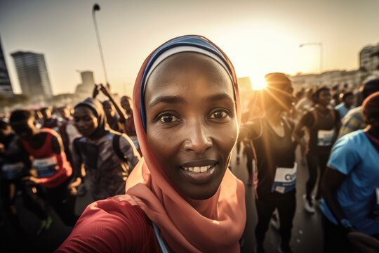 female marathon runner  wearing a hijab is taking a selfie while running through a crowd of other runners, with the city skyline in the background , wide angle view. Generative AI