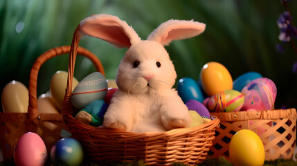 A plush bunny sitting in a basket surrounded by colorful Easter eggs and flowers