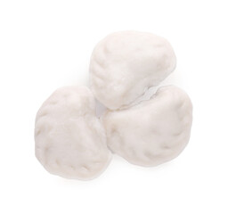 Fototapeta na wymiar Delicious dumplings (varenyky) with tasty filling on white background, top view