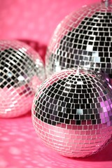 Many shiny disco balls indoors, toned in pink