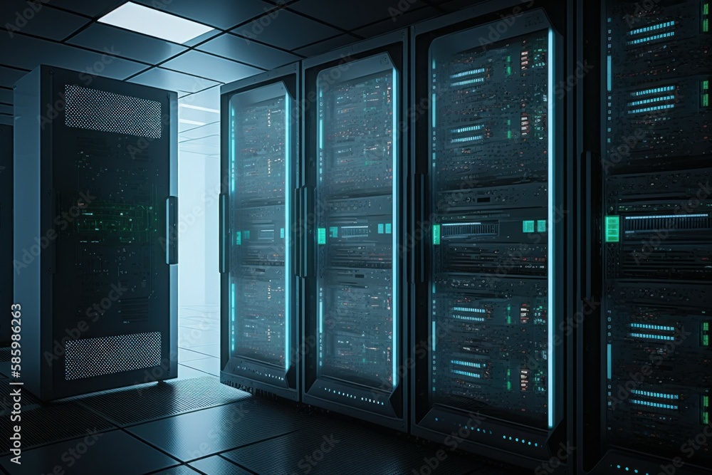 Poster modern data center with computer servers. ai generated, human enhanced.