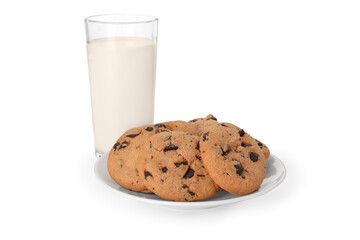 Delicious chocolate chip cookies and milk isolated on white