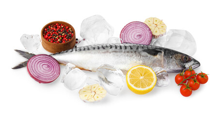 Raw mackerel, peppercorns, lemon, red onion, garlic and tomatoes isolated on white