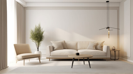 Modern interior design of apartment, living room with beige sofa over the light stucco wall, Generative AI design