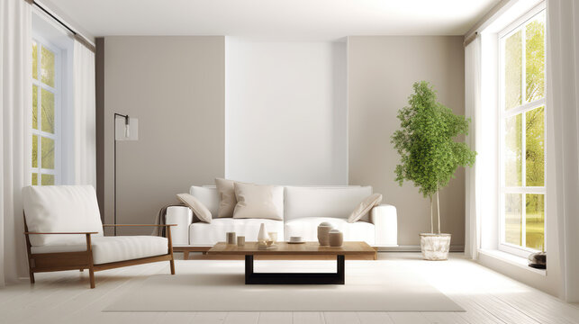 Modern interior design of apartment  with white sofa, Generative AI design