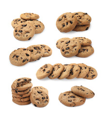 Tasty chocolate chip cookies on white background, collage design