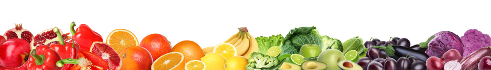 Many different fresh fruits and vegetables on white background. Banner design