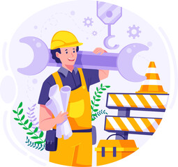 Happy Labour Day. A happy construction worker is holding the Wrench. Worker holding tool. Vector Illustration
