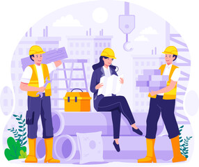 Labour Day. Construction workers are working on buildings. Vector Illustration