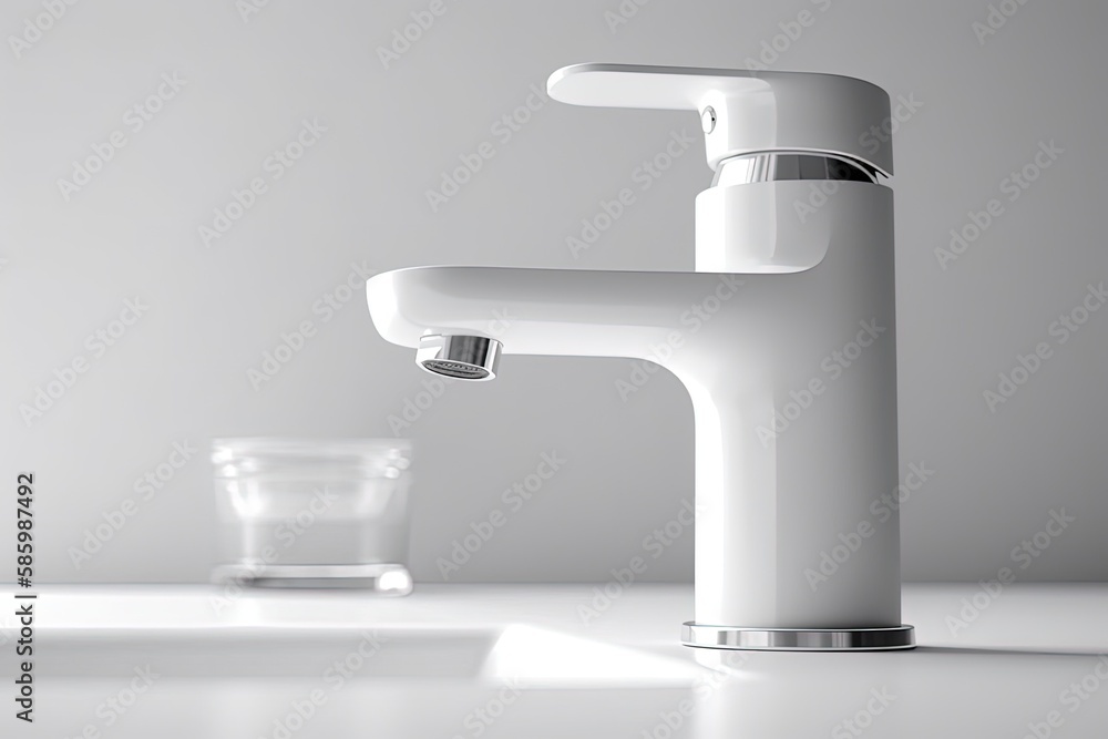 Poster modern white faucet on a minimalist white countertop created with generative ai technology