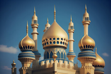 Obraz premium Golden Minarets: A Beautiful Mosque with Intricate Architecture against a Deep Blue Sky - AI Generated