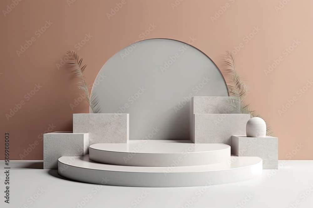 Poster minimalist white shelf with a round mirror on top created with generative ai technology
