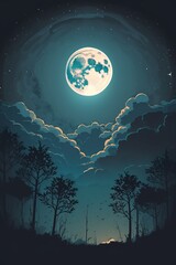 2d flat full moon night sky background,Generative AI