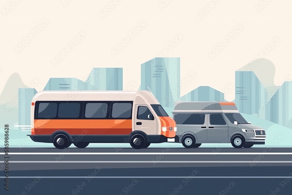 Poster illustration of two vans parked on a busy city street created with generative ai technology