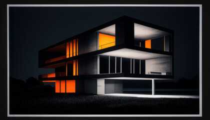 The modern steel and glass house in the field at night. Generative AI. 