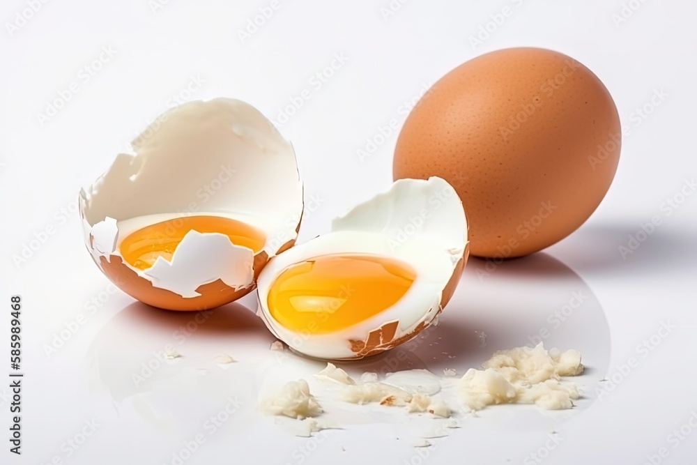 Poster broken egg with its shell on a plain white background created with generative ai technology