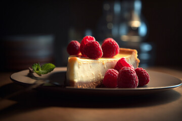 Close-up macro photo of a delicious cheesecake with raspberries made with generative AI