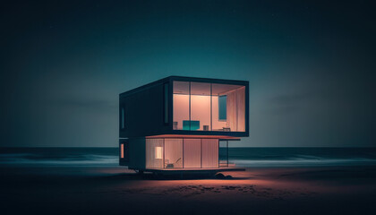 The modern house in the beach at night. Generative AI. 