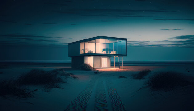 The modern house in the beach at night. Generative AI. © Fernando