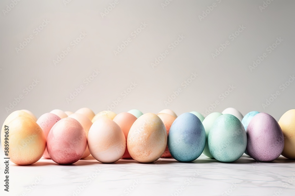 Poster colorful display of easter eggs arranged on a table created with generative ai technology