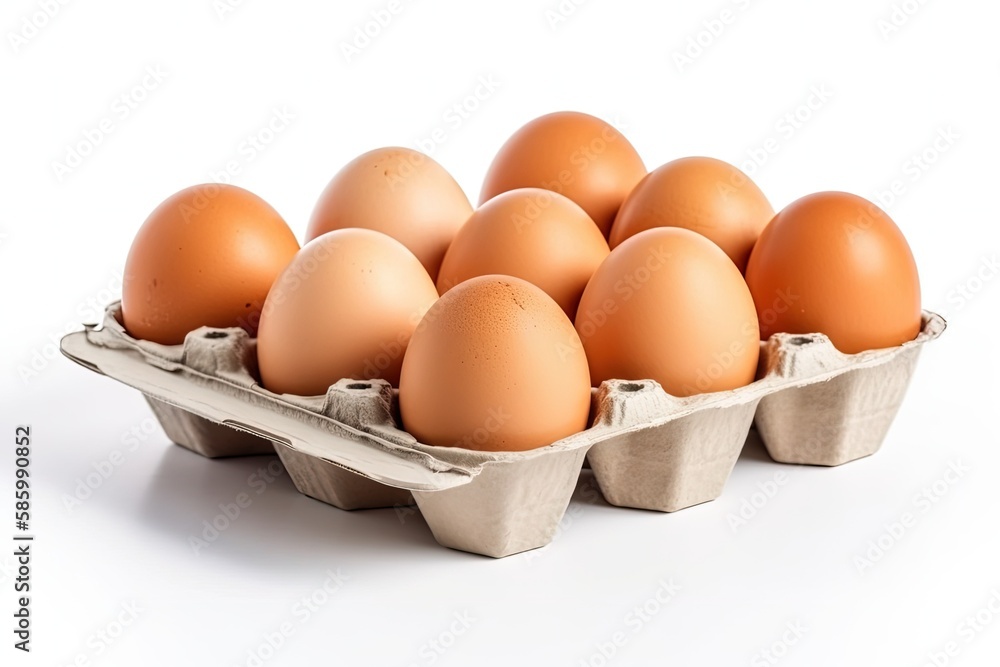 Poster carton of fresh eggs on a plain white background created with generative ai technology