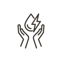 Drop and bolt symbols with hands. Vector thin line icon linear stroke outline illustration. Electricity and water, renewable energies or supplement concepts