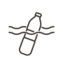 Vector minimal thin line icon outline linear stroke illustration of a plastic bottle in the ocean water. Trash garbage pollution our planet waters
