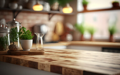 Wooden Table Top on Blurred Kitchen Room. Tabletop on blurred kitchen counter room background. Generative Ai.