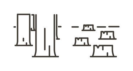 Vector thin line icon outline linear stroke illustration of the same forest before and after beeing cut, deforestation. Full trees and their stump counterpart