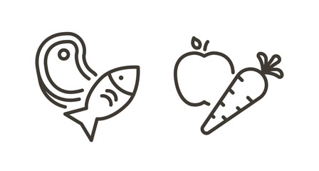 Vector thin line icon outline linear stroke illustrations of meat based diet and plant based diet. Steak and fish, carrot and apple