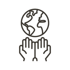 Hands holding planet earth globe vector thin line icon. Minimal illustration for concepts of environment awareness, ecology, traveling, freedom, globalization, charity
