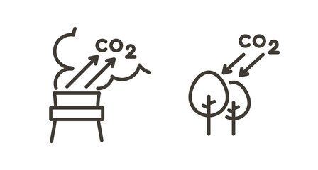Vector thin line icon outline linear stroke illustrations. CO2 emissions by a factory and CO2 offseting by forest trees