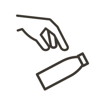 recommend clip art: Vector thin line icon outline linear stroke illustration of hand throwing bottle into trash bin or into the floor, depending on context. Waste, recycle and dispose